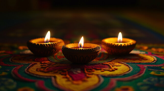 Illuminated clay diya lamps glowing against a vibrant rangoli design backdrop capturing the spirit of Diwali celebration 