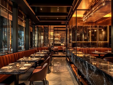 A modern restaurant with a spacious dining area, elegant marble tables, soft ambient lighting, and stylish seating for a luxurious dining atmosphere