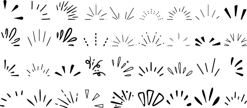 doodle sparkle vector set, sunburst, rays, starburst, hand drawn elements illustration, black lines, outline, decorative, retro style. Suitable for graphic design, illustrations, backgrounds, and web 