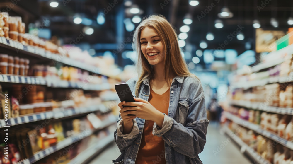 Wall mural city girl smiling looking at the phone while shopping in a supermarket, casual outfit.