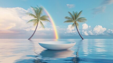 Obraz premium A white bowl floating in the middle of a calm ocean with palm trees and a rainbow in the background.