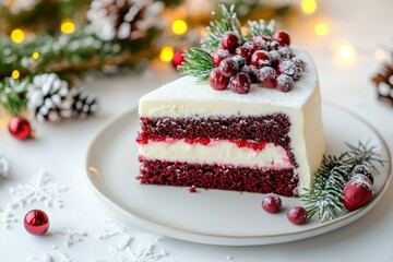 perfect Christmas cake, modern minimal plate, on a white background, decorated for the Christmas holidays in the background, light garland; 