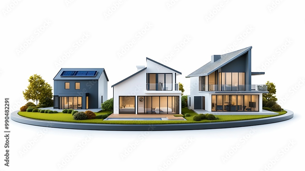 Poster modern architectural display of three distinct houses showcasing innovative design and eco-friendly 