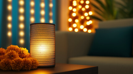 Living room adorned with colorful Diwali lanterns, marigold garlands, and oil lamps on a table, warm golden glow 