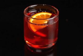 Macrography, experience the art of decorate a Negroni cocktail from a top-down perspective, adorned with a fresh vibrant orange slice, all against a dramatic black background