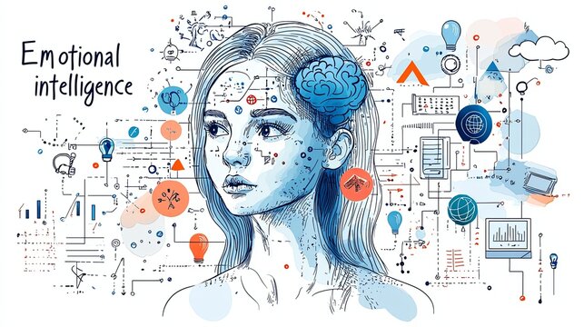 An artistic representation of a woman's emotional intelligence, showcasing a network of connections and symbols, symbolizing cognitive and emotional thought processes.