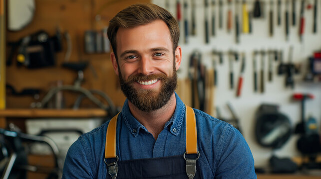 Local bike repair shop with tools hanging on the wall, a bike being fixed on a stand, and a mechanic smiling 