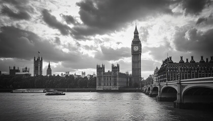 Fototapeta premium A black-and-white photo of a famous city skyline or iconic landmark, evoking a timeless, classic look