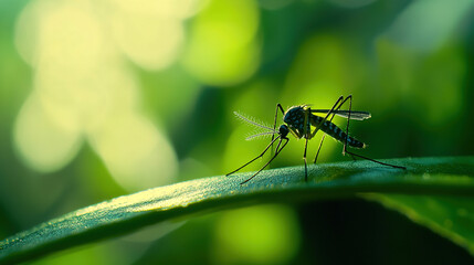 Fototapeta premium Close up shot of a mosquito resting on a leaf with a blurred tropical forest in the background, highlighting the role of mosquitoes in spreading viral diseases, shot with shallow depth of field, macro