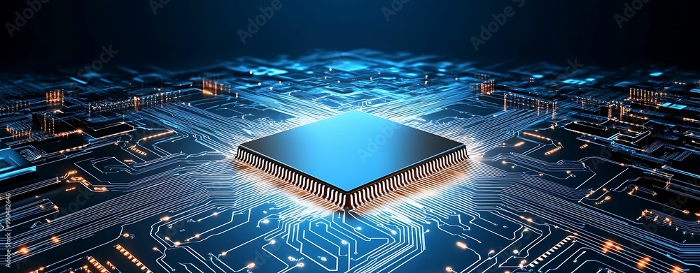 Poster a glowing microprocessor sits at the center of a circuit board, radiating light amidst interconnecte