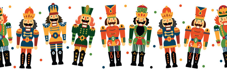 Cute Nutcracker horizontal seamless border. Merry Christmas, New Year wallpaper.