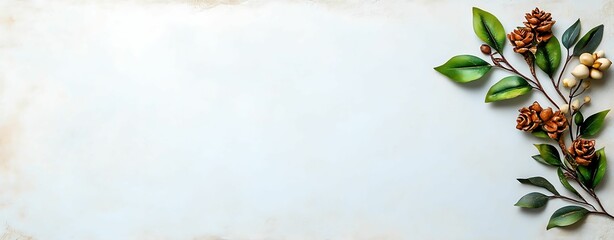 A minimalistic layout featuring a blank space adorned with pinecones and green leaves, suitable for crafting or natural-themed designs.