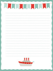 notebook page template with bright flags and cute ship for kids
