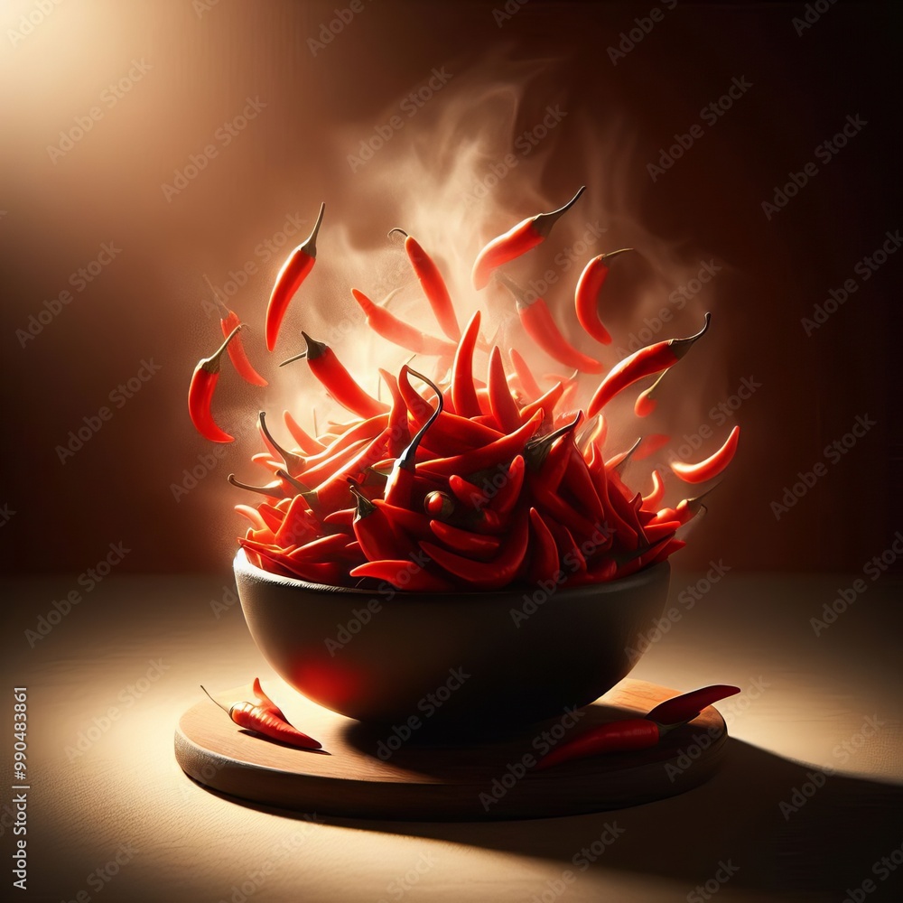 Aufkleber a powerful image depicting a bowl of red chili peppers with some of them explosively floating in the