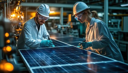 Engineers inspecting solar panels in a high-tech manufacturing facility, focusing on renewable energy technology and innovation.