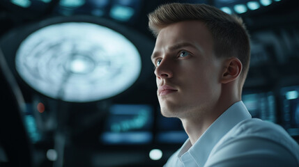 Satellite operator in a ground station, looking at satellite tracking maps and data feeds, large dish visible outside 