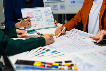 UX developer and ui designer brainstorming about mobile app interface wireframe design with...