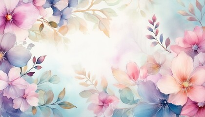 Watercolor floral pattern background in soft pastel colors, featuring delicate blooms and leaves, perfect for greeting cards or invitations, adding a touch of elegance and charm.