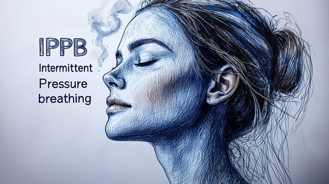 A graphic illustration demonstrating the Intermittent Pressure Breathing system, showcasing the human breathing process and technology used in respiratory assistance.