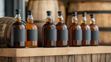 Small-scale distillery with wooden barrels, copper stills, and labeled bottles of craft spirits on a rustic shelf 
