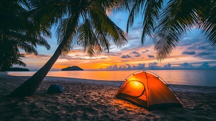 A tent set up on the beach under palm trees during sunset, with a tropical ocean and mountains in the background