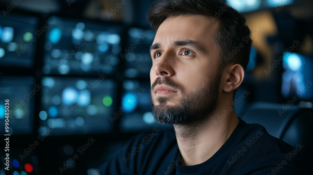 Poster video switcher operator in a broadcast studio, pushing buttons and sliders, with multiple screens di