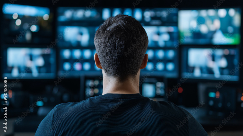 Poster video switcher operator in a broadcast studio, pushing buttons and sliders, with multiple screens di