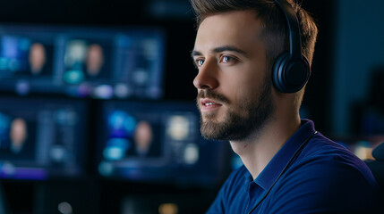Video switcher operator in a broadcast studio, pushing buttons and sliders, with multiple screens displaying live feeds 