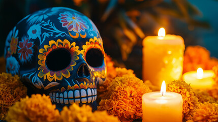 Vibrantly painted skull mask glows under candlelight alongside marigold offerings encapsulating the vibrant spirit of Mexicos Day of the Dead 