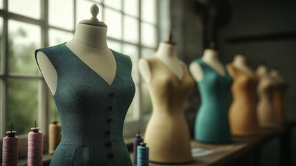 Vintage tailor shop with spools of thread, mannequins, and a seamstress working on a new garment by a window 