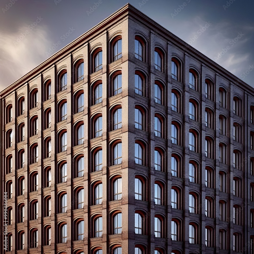 Poster a striking image capturing the corner view of a modern brick building with repetitive arched windows