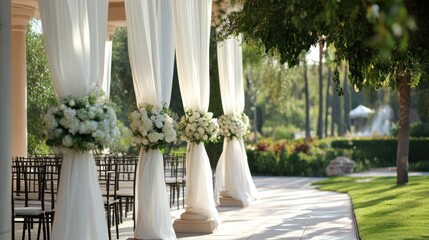 Wedding ceremony decorations with white fabric and flowers.