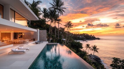 Fototapeta premium Luxury Beachfront Villa with Infinity Pool and Palm Trees Overlooking Ocean Sunset