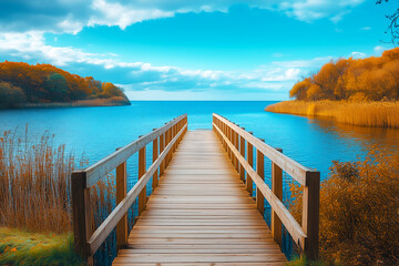 Obraz premium Wooden bridge on the beach, beautiful landscape and sky. Serene Wooden Dock Over Tranquil Blue Water