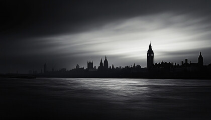 Obraz premium A black-and-white photo of a famous city skyline or iconic landmark, evoking a timeless, classic look