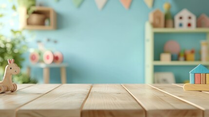 Empty wooden table with colorful wooden toys in a blurred background.