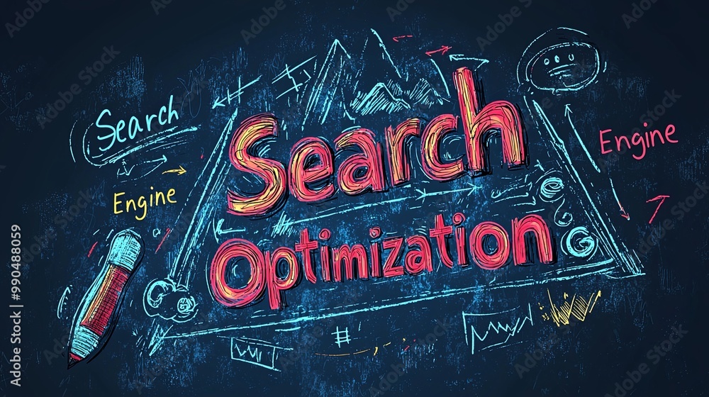 Poster an engaging and colorful artwork illustrating the concept of search optimization, featuring vibrant 