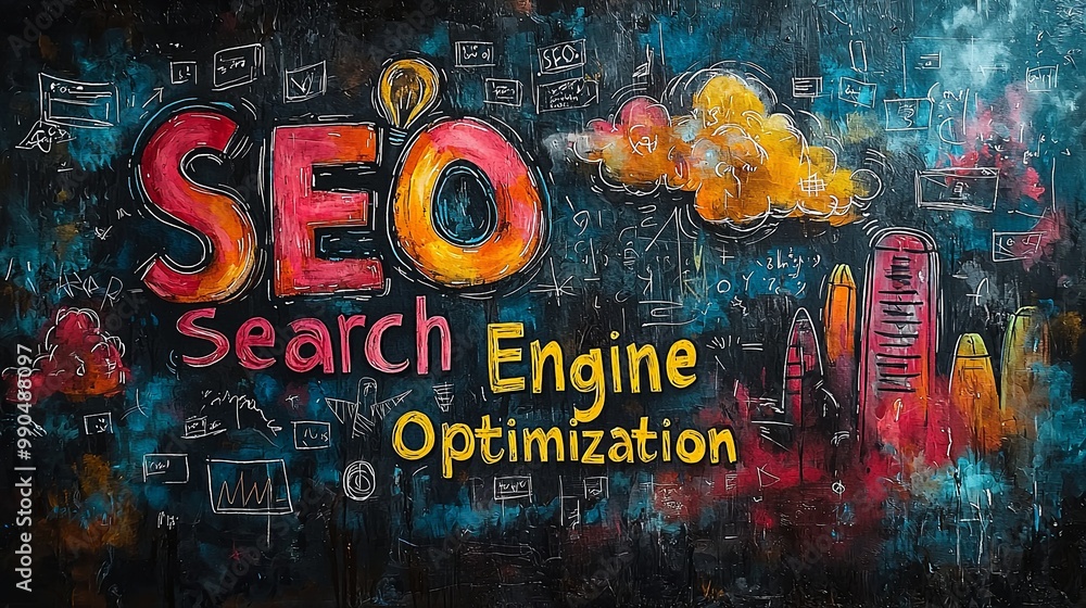 Poster a vibrant mural showcasing the concept of seo with elements of search engine optimization on a dark,