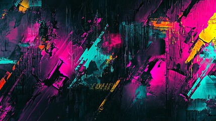 Graffiti wall with digital glitch effects, abstract street art blending with distorted patterns and...