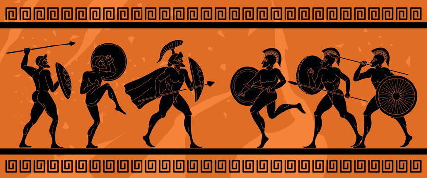 Black greek warriors. Ancient greece mythology mural art on vase, history battles roman warrior silhouette scene, antique rome or athens pottery pattern recent vector illustration