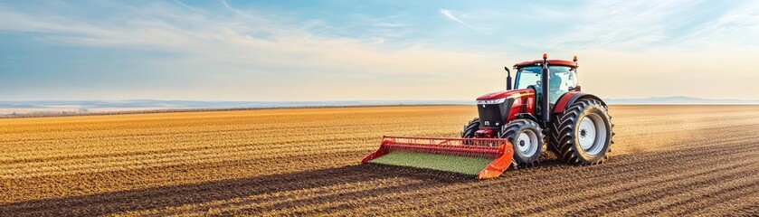 Obraz premium Automated diesel tractor planting seeds in a vast field, smart farming equipment at work, expansive agricultural scene