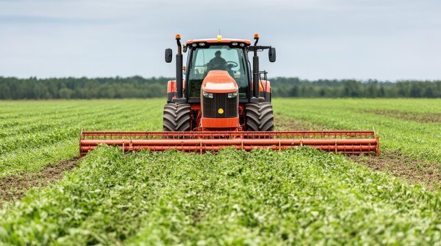 Agricultural vehicle with front-end clearing equipment, removing debris and preparing fields, modern farming machinery