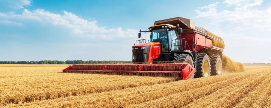 Close-up of heavy-duty threshing equipment in action, precision technology processing crops, dynamic farming scene