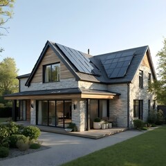 Sleek Modern Home with Solar Panels on Gable Roof: Sustainable Energy Solution