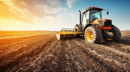 Fototapeta premium Front-end agricultural equipment clearing brush and leveling soil, preparing fields for cultivation, efficient farming technology