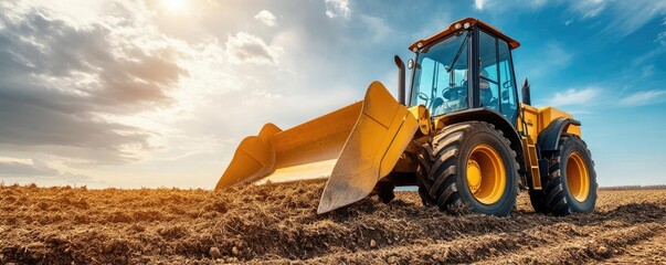 Heavy-duty front-end loader clearing debris on agricultural land, powerful equipment in action under a bright sky