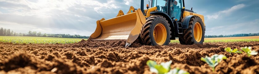 Massive front-end loader clearing land for planting, detailed textures of soil and machinery, expansive farm backdrop