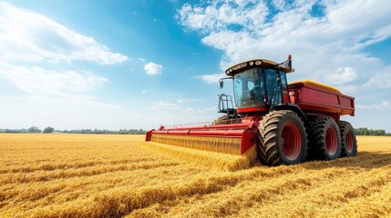Obraz premium Massive heavy-duty threshing machine separating grain, advanced farming technology at work under a bright rural sky
