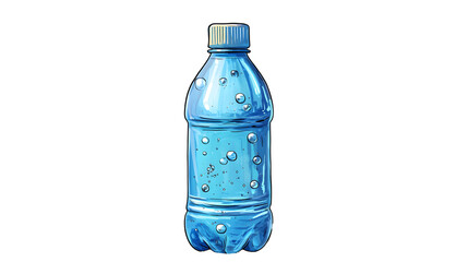 Cartoon illustration of a blue plastic bottle of water with bubbles isolated on transparent background