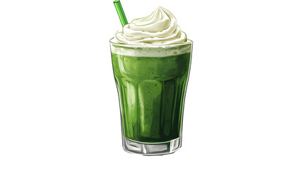 Cartoon illustration of Green smoothie with whipped cream in a glass isolated on transparent background